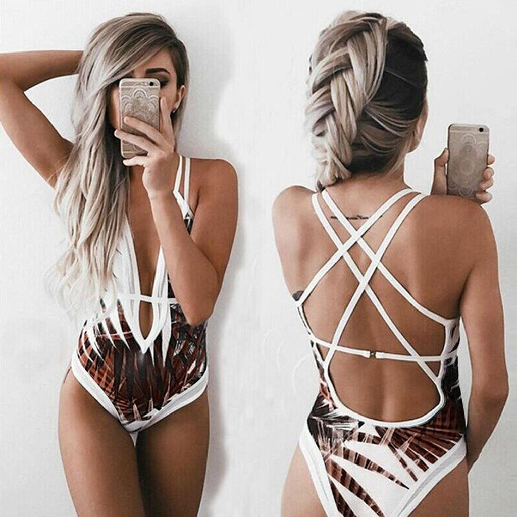 Palm Print Strappy Plunge One-Piece Swimsuit