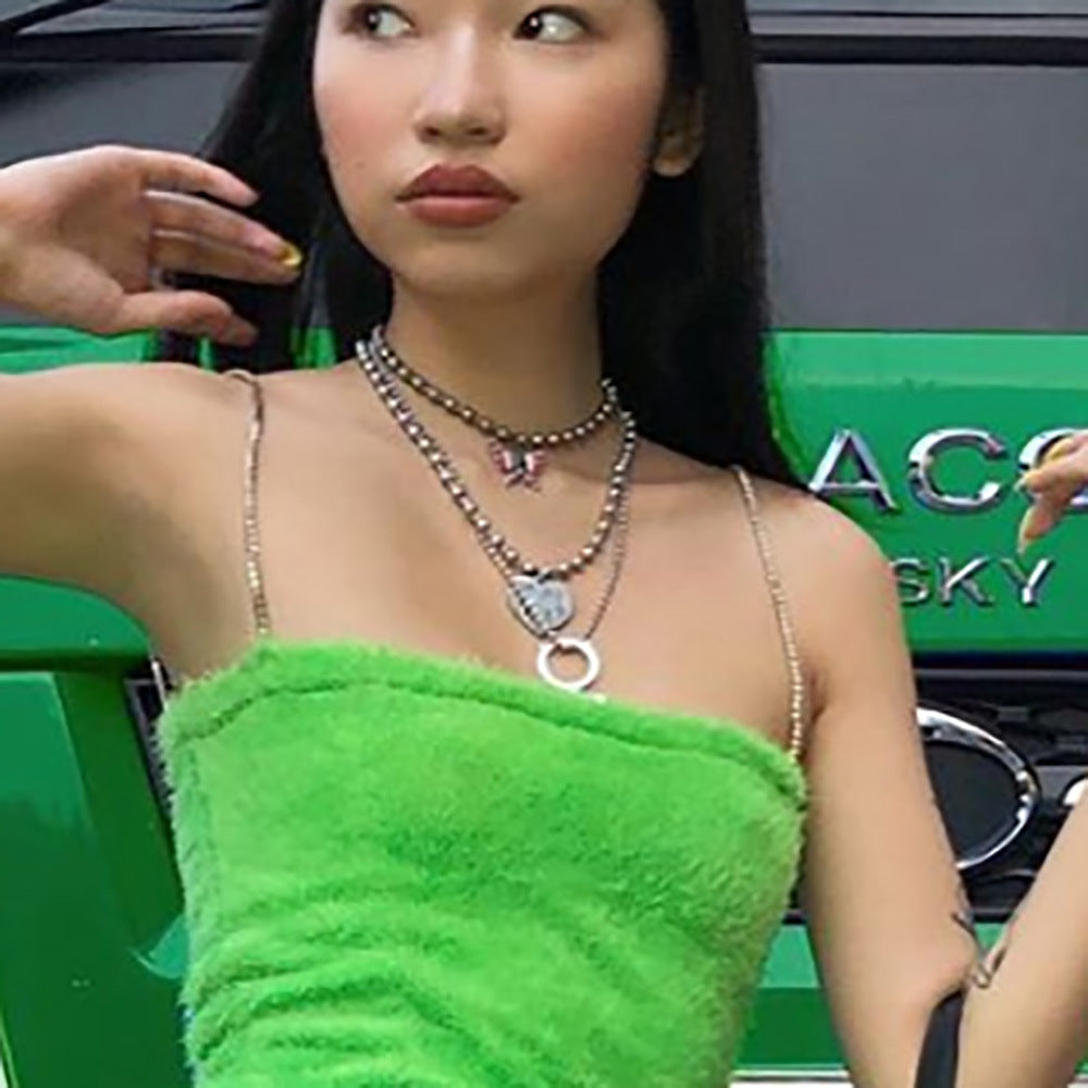 Women's Solid Color Rhinestone Strap Sexy Crop Top