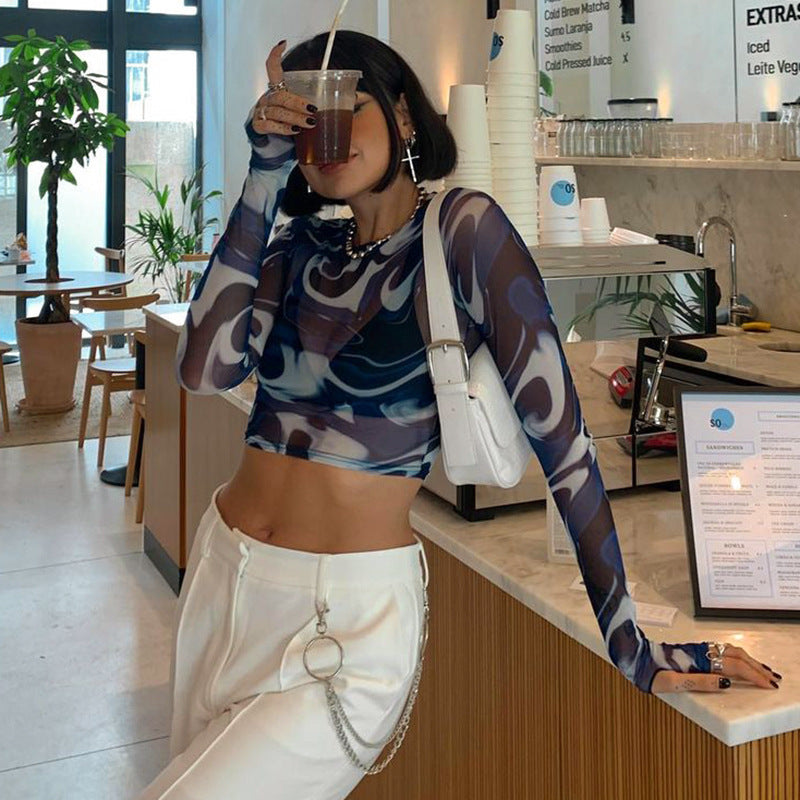 Q21TP574 Women's Casual Autumn Crop Top with Print