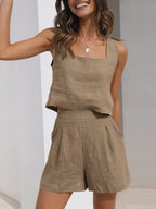 Women's Casual Cotton-Linen Two-Piece Set with Shorts