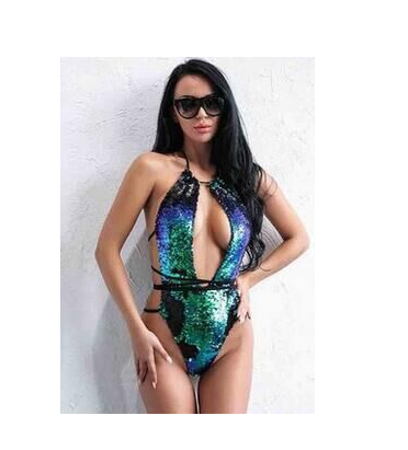 Women's Iridescent Sequin Deep-V Fringe One-Piece Swimsuit