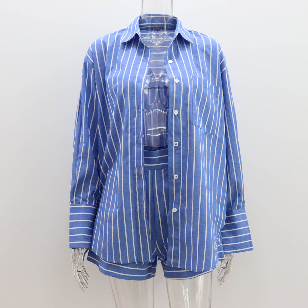 2023 Summer Women's Striped Cotton Shirt & Shorts Set