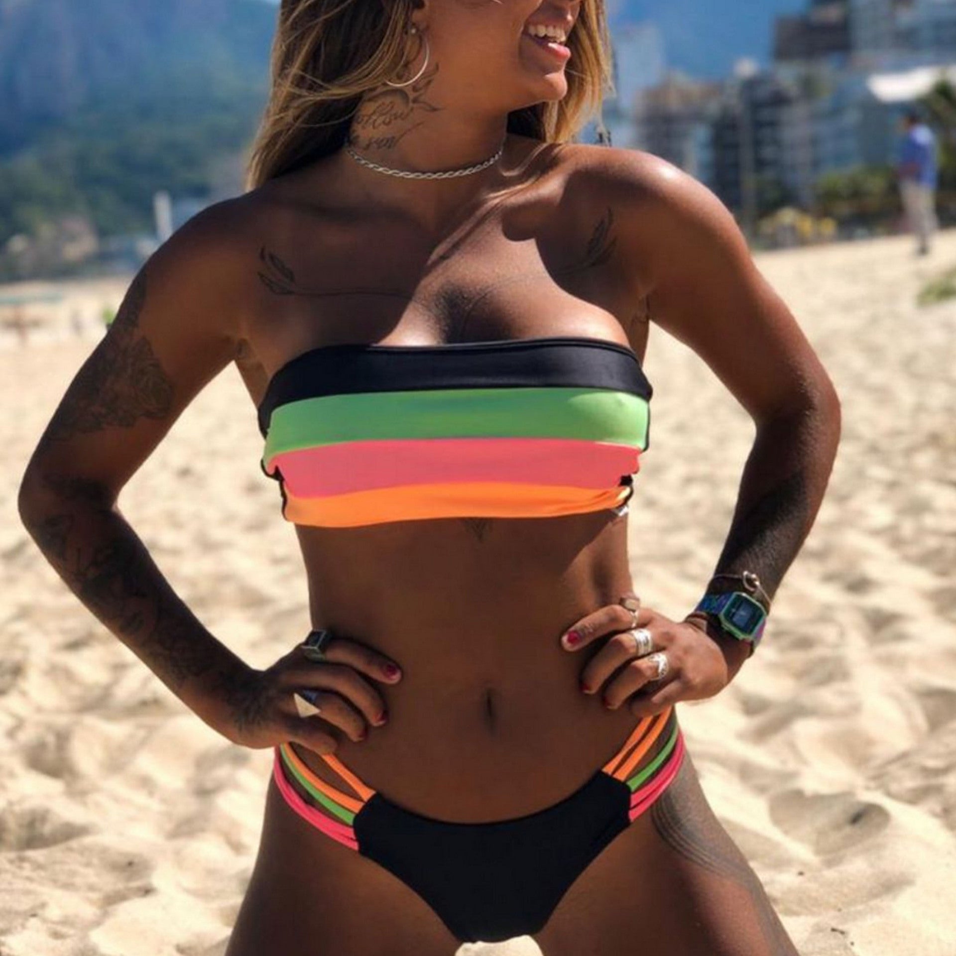 Colorful Striped Bandeau Bikini Set