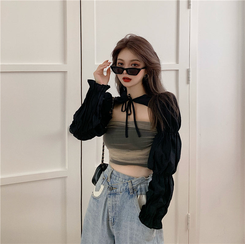 Chic Black Shawl Shirt and Layered Bustier Set