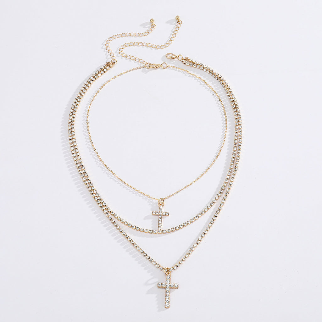 Creative Cross Necklace with Glass Rhinestones Layers