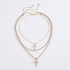 Creative Cross Necklace with Glass Rhinestones Layers