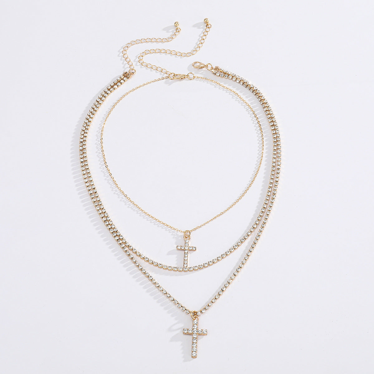 Creative Cross Necklace with Glass Rhinestones Layers