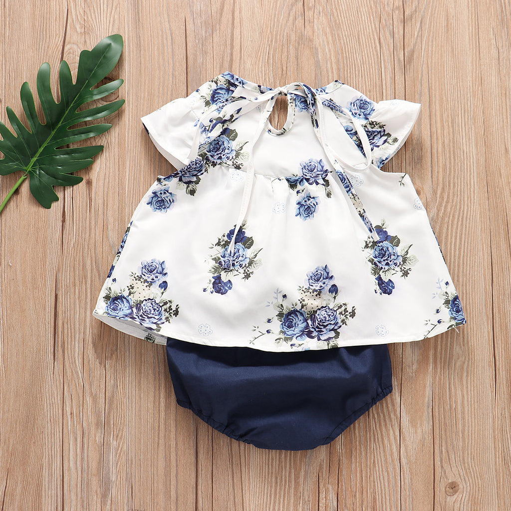 2019 Girls' White Printed Top with Denim Shorts Set
