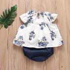 2019 Girls' White Printed Top with Denim Shorts Set