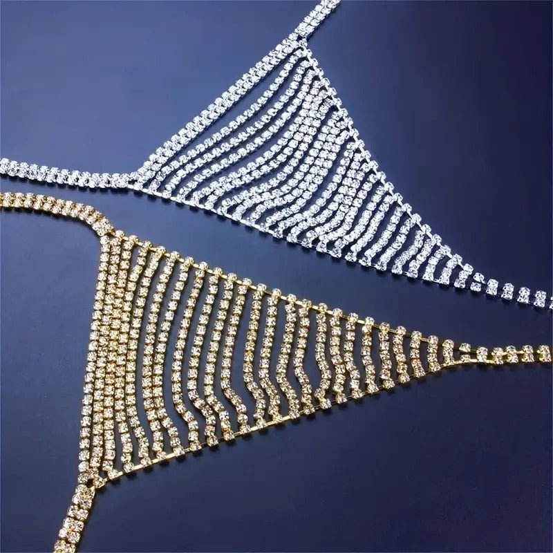 Rhinestone Thong Body Chain in Gold and Silver