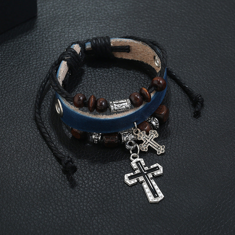 Leather Cross Bracelet with Beaded Design and Alloy Charm