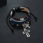 Leather Cross Bracelet with Beaded Design and Alloy Charm