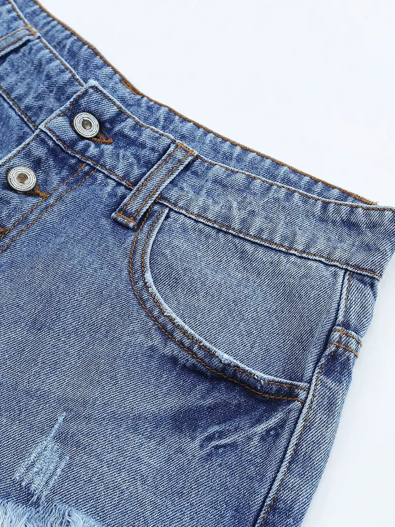 Blue High Rise Distressed Ripped Denim Shorts for Women