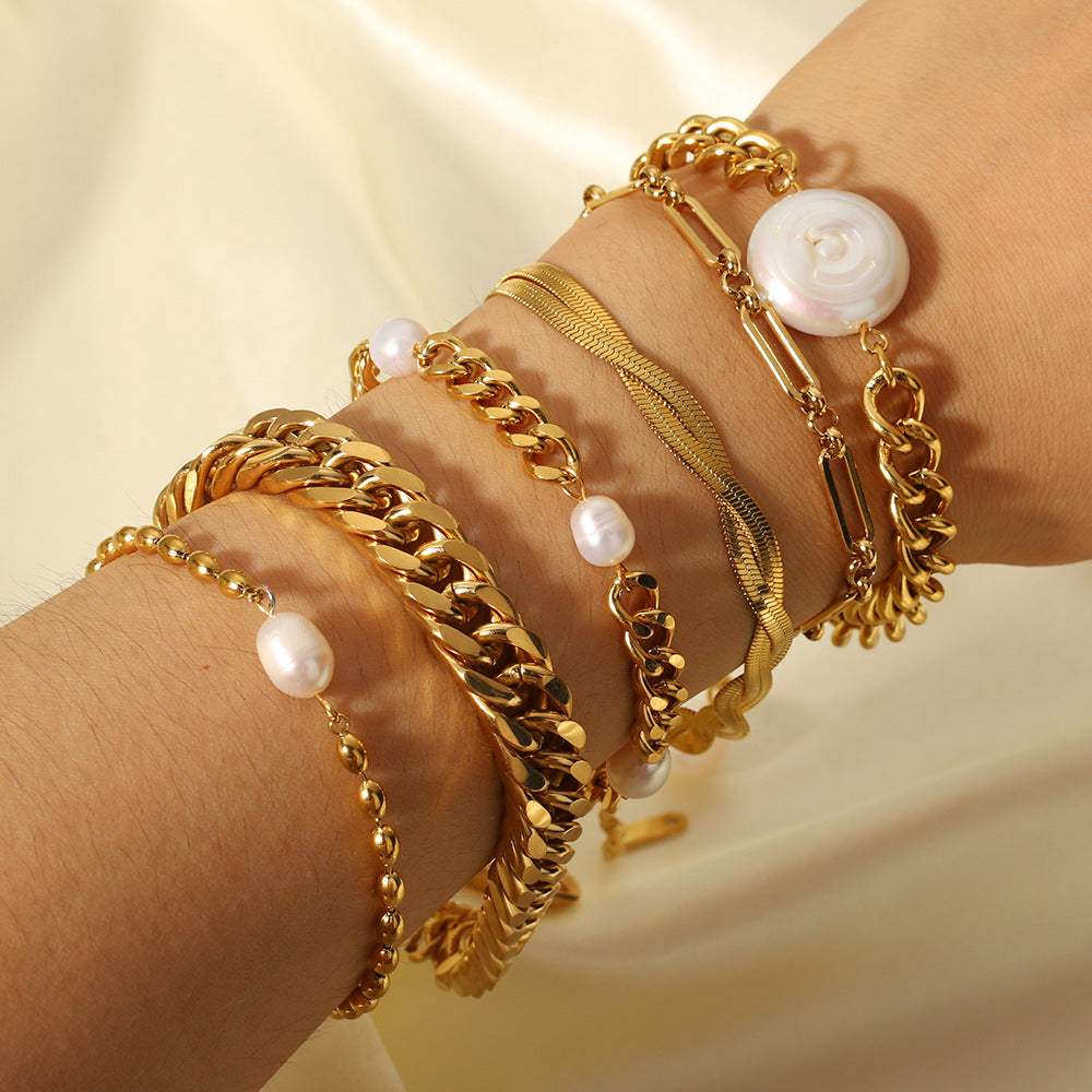 Gold Plated Shell OT Buckle Cross Bracelet Cuban Chain