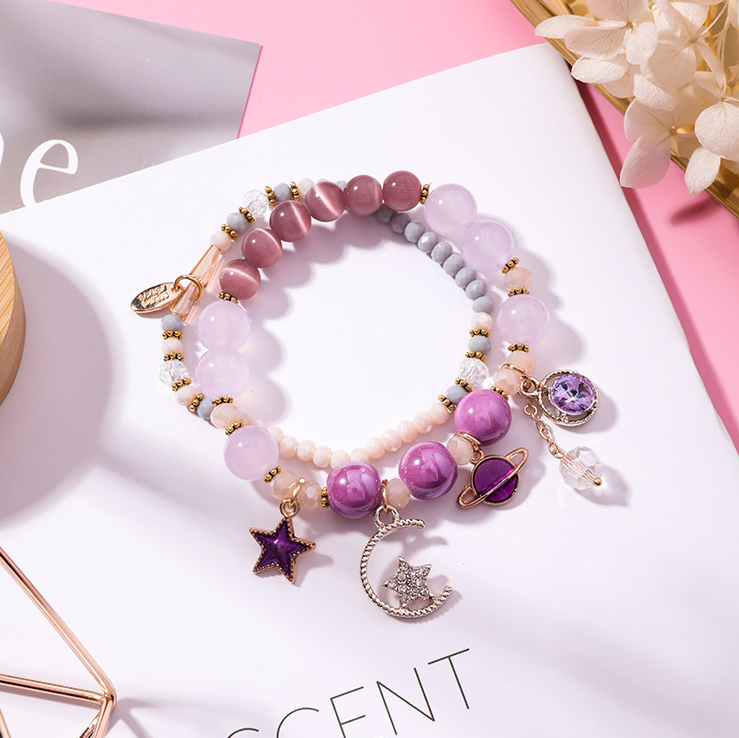 Multi-Layer Bracelet with Star, Moon, and Cat Eye Crystals