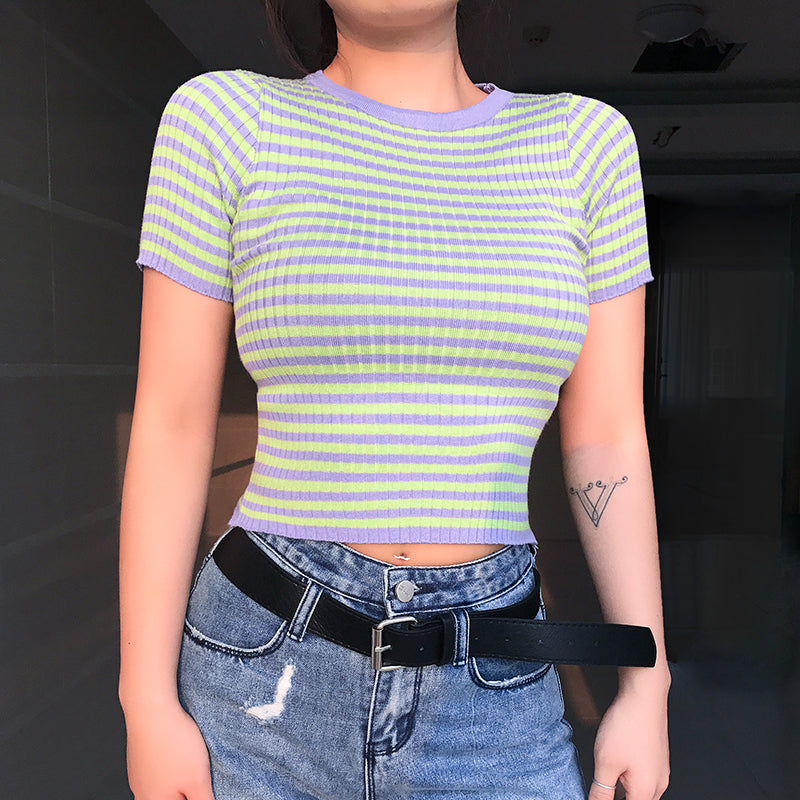 Casual Color Block Striped Knit Crop Top for Women