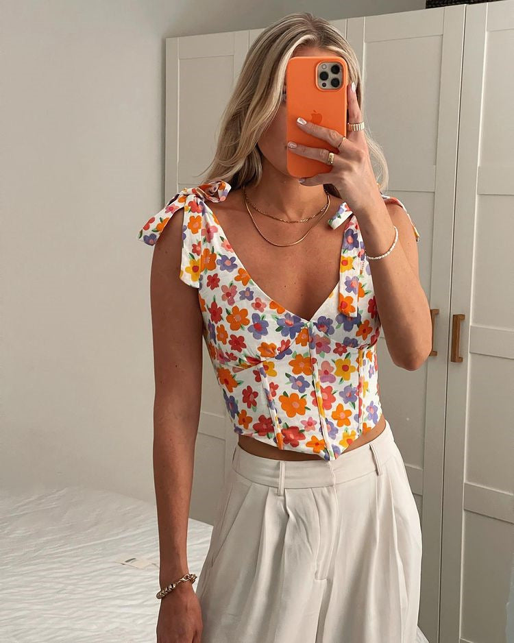 Women's Sexy Printed V-Neck Pleated Tie Crop Top
