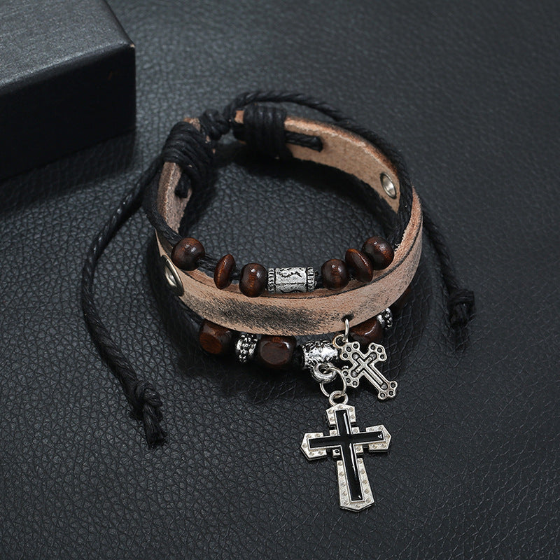 Leather Cross Bracelet with Beaded Design and Alloy Charm