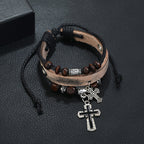Leather Cross Bracelet with Beaded Design and Alloy Charm