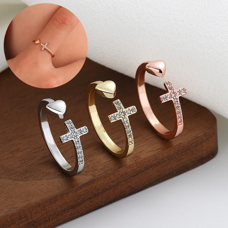 Cross Heart Adjustable Ring with Rhinestones (Fashion)