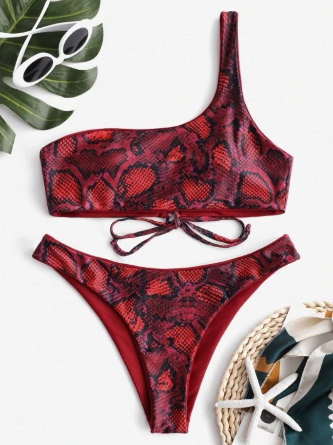 Snake Print One-Shoulder Bikini Set