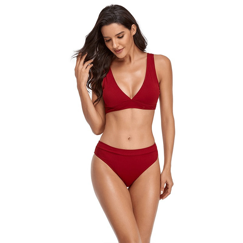 Yellow Ribbed V-Neck Bikini Set