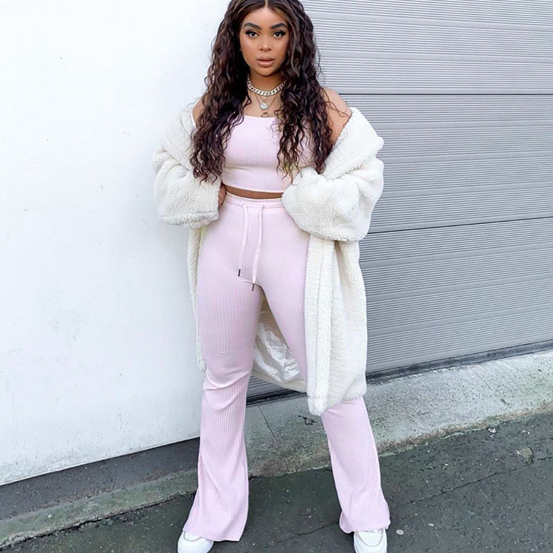 2020 Summer Women's Ribbed Crop Top and Flare Pants Set