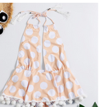 Girls' Polka Dot Halter Swimsuit with Pom Trim