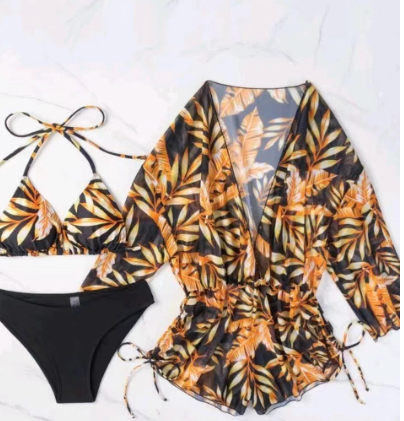 Tropical Leaf Three-Piece Bikini and Kimono Set