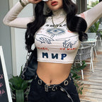 2019 Autumn Winter Women's Print Crop Top T-Shirt