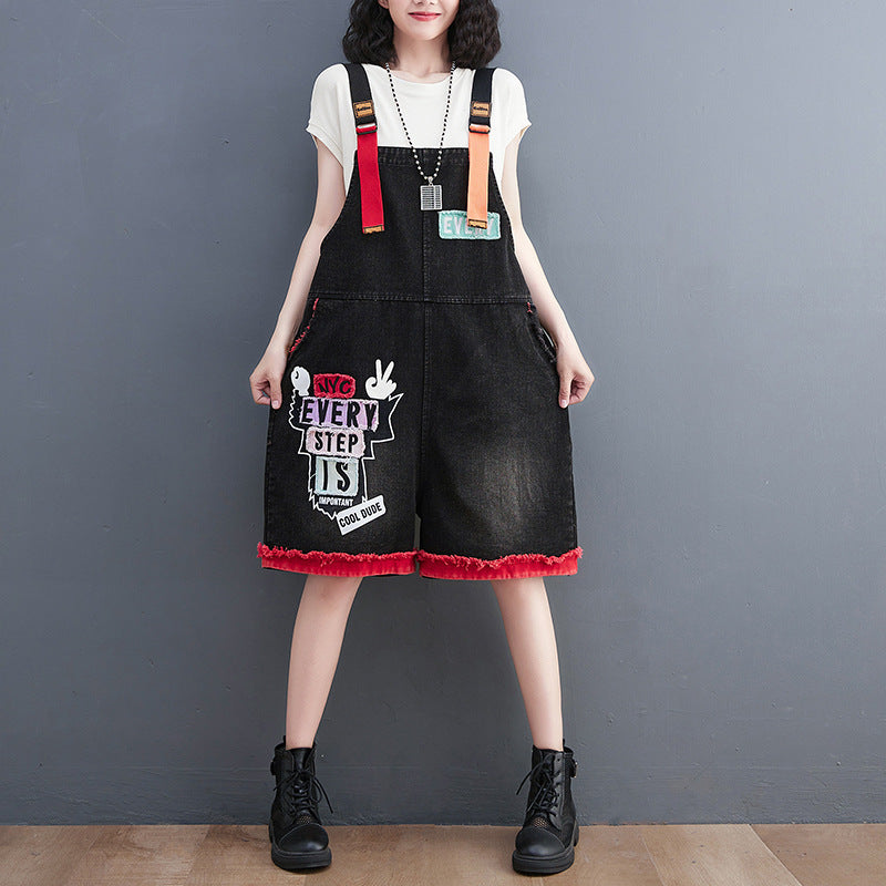Large Fashion Embroidered Denim Overalls Shorts for Women