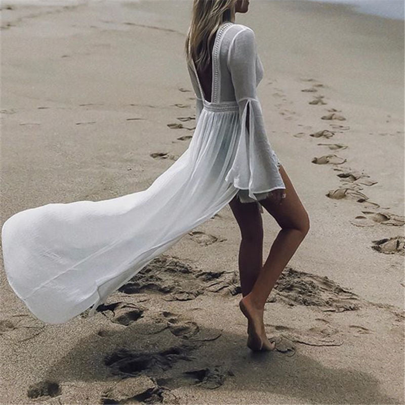 Bamboo Fabric Cover-Up with Flare Sleeves and Open Back