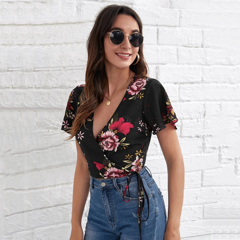 Women's Floral Polka-Dot Crop Top with Deep V-Neck