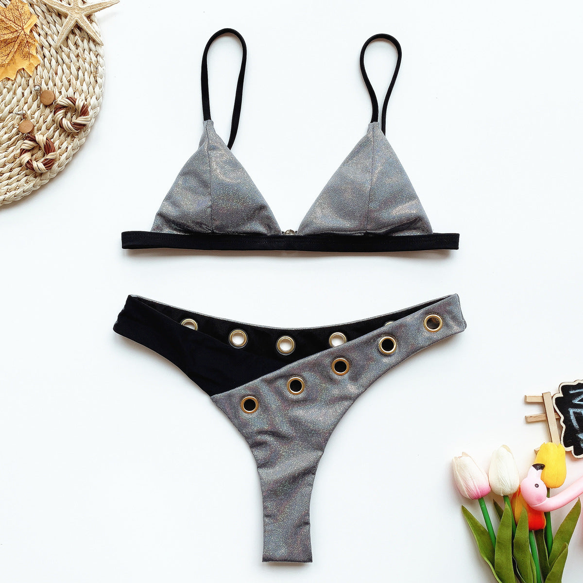 Silver Glitter Grommet Bikini Set
