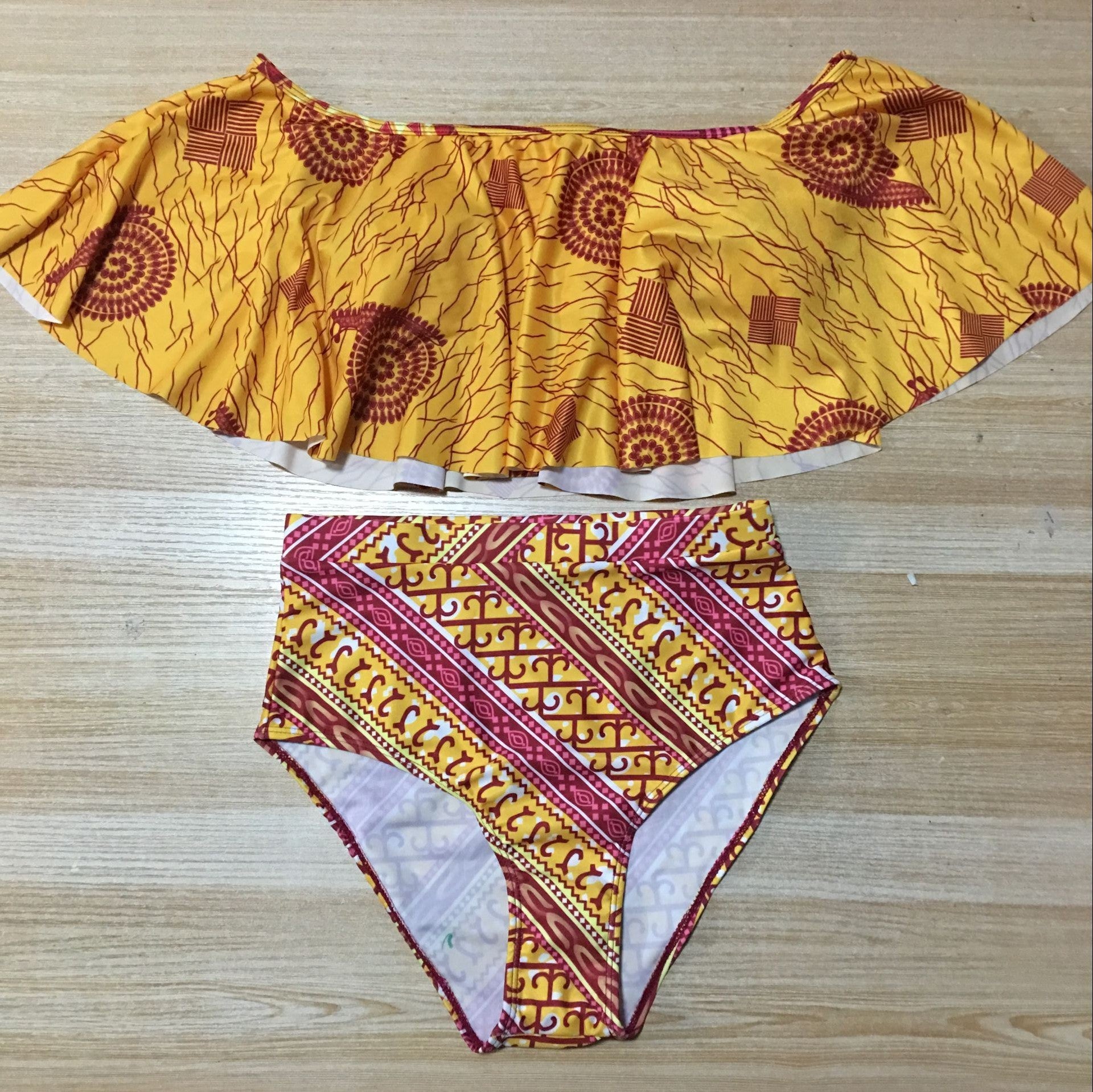 Ankara Print Off-Shoulder Ruffle High-Waist Bikini Set