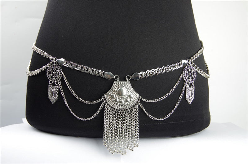 Boho Silver Tassel Waist Body Chain