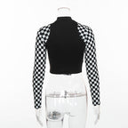 Patchwork Checkerboard Long Sleeve Crop Top T-Shirt