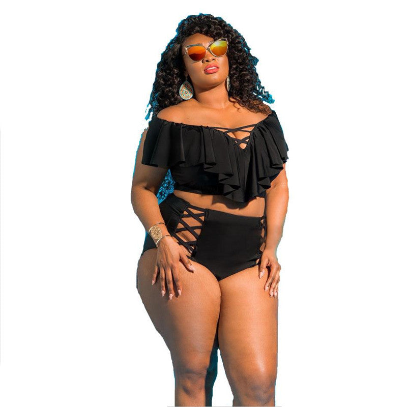 Plus Size Women's Geometric Ruffle High-Waist Bikini Set