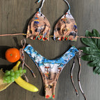 Feather Print Push-Up Tassel Bikini Set