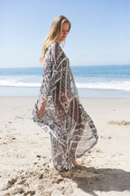 Damask Print Sheer Chiffon Kaftan Beach Cover-Up