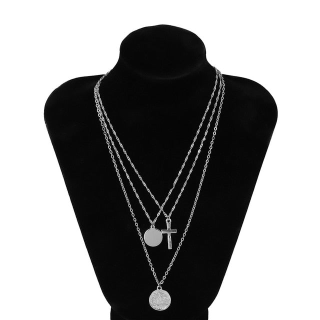 Retro Queen Cross Coin Layered Necklace for Women