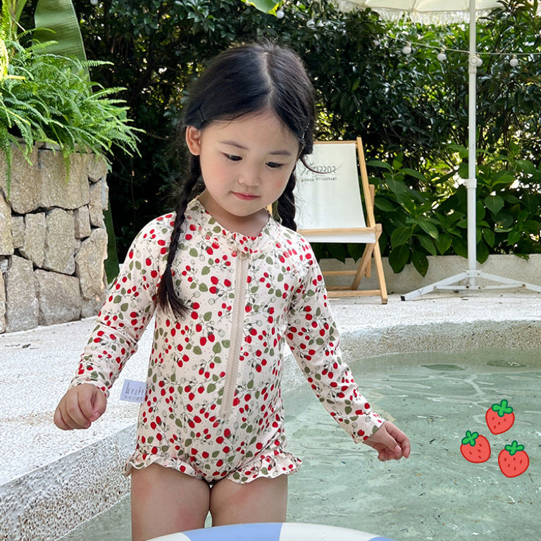 Girls Long-Sleeve Cherry Print Rash Guard Swimsuit