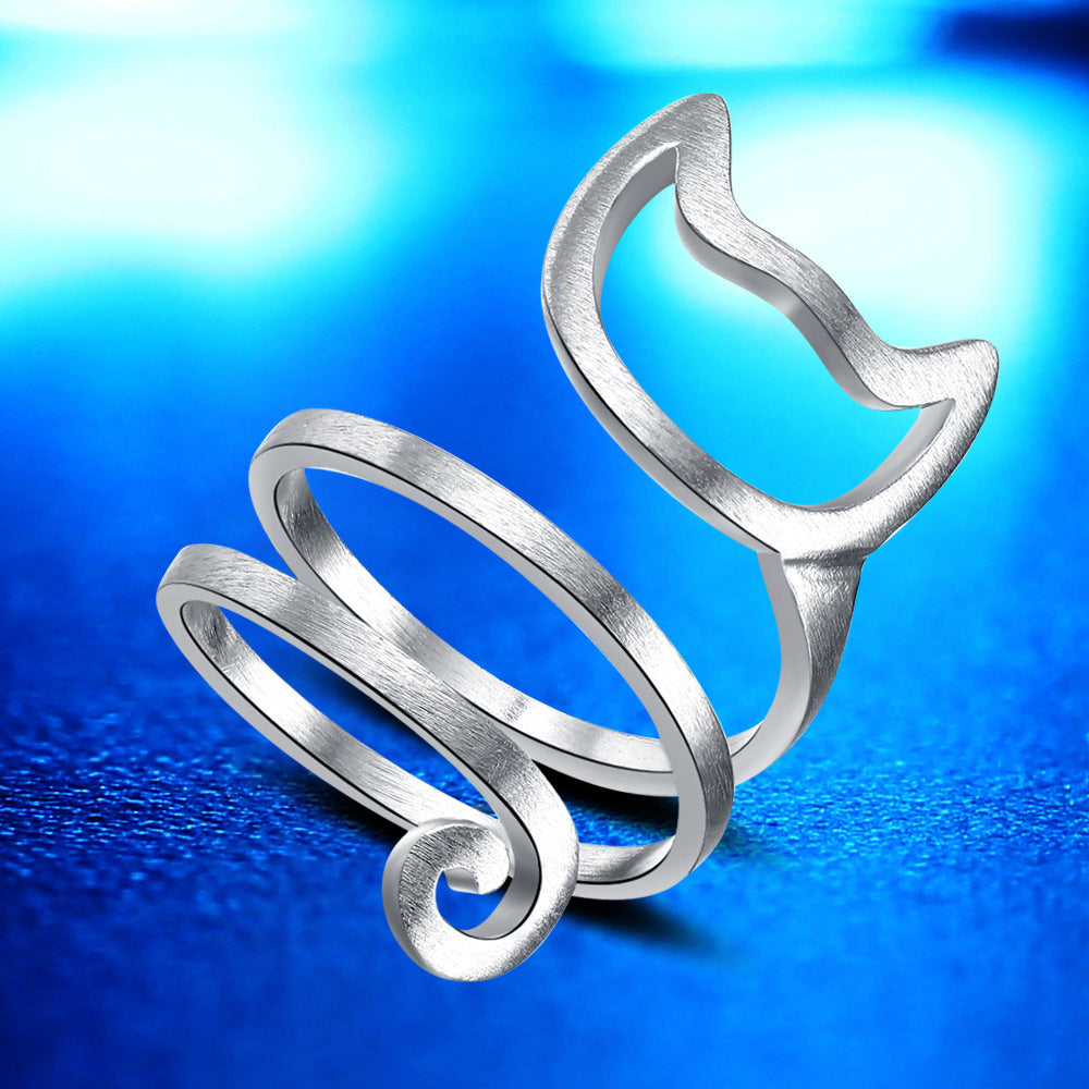 925 Silver Plated Cat Open Ring - Cute Design for Women