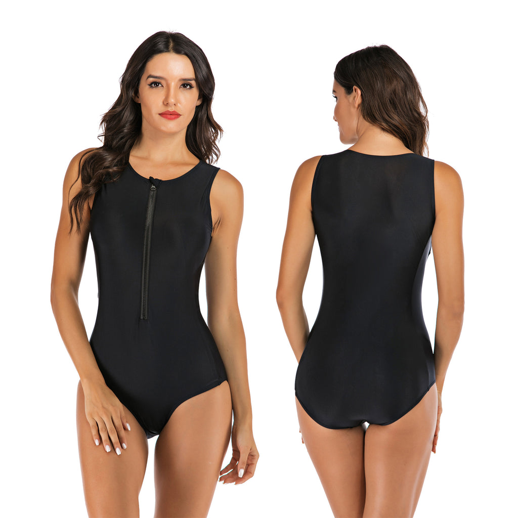 Women's Black Zip-Front Athletic One-Piece Swimsuit