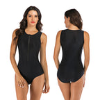 Women's Black Zip-Front Athletic One-Piece Swimsuit