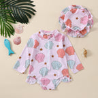 Girls' Shell Print Long-Sleeve Rash Guard Swimsuit with Hat