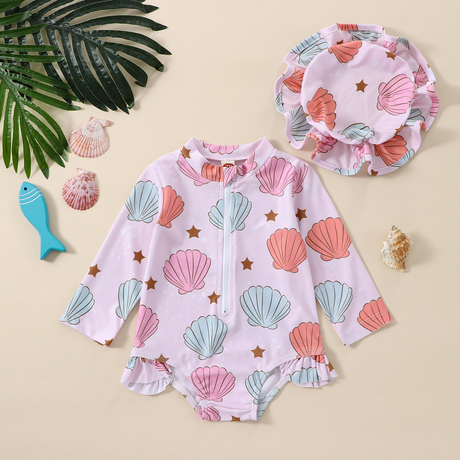 Girls' Shell Print Long-Sleeve Rash Guard Swimsuit with Hat