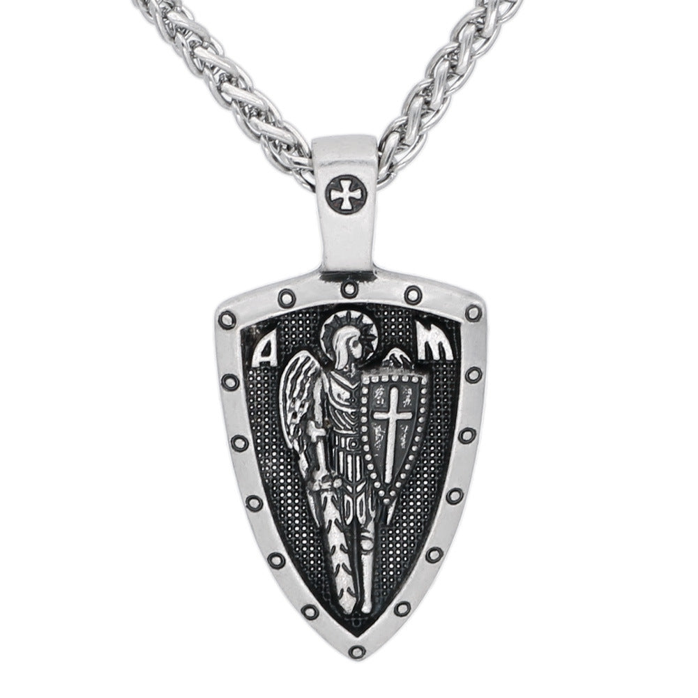 Retro Angel Medal Shield Cross Pendant Necklace for Men