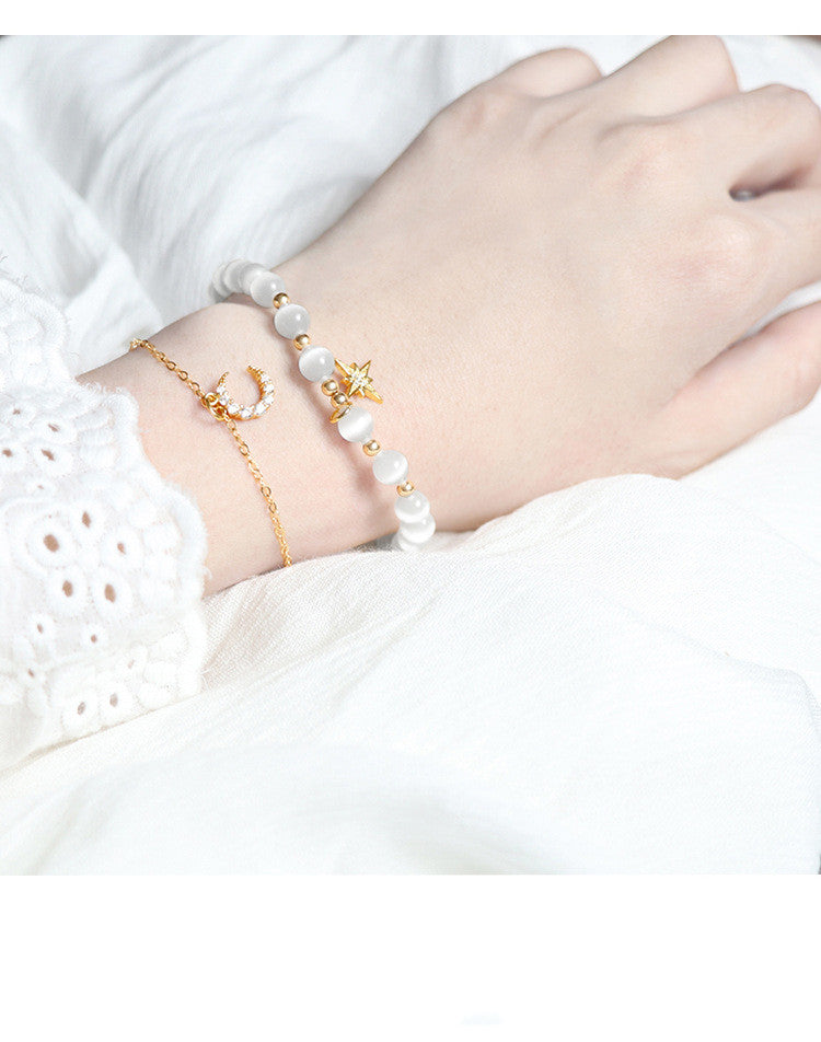 Star and Moon Double-layer Bracelet with Cat's Eye Stone