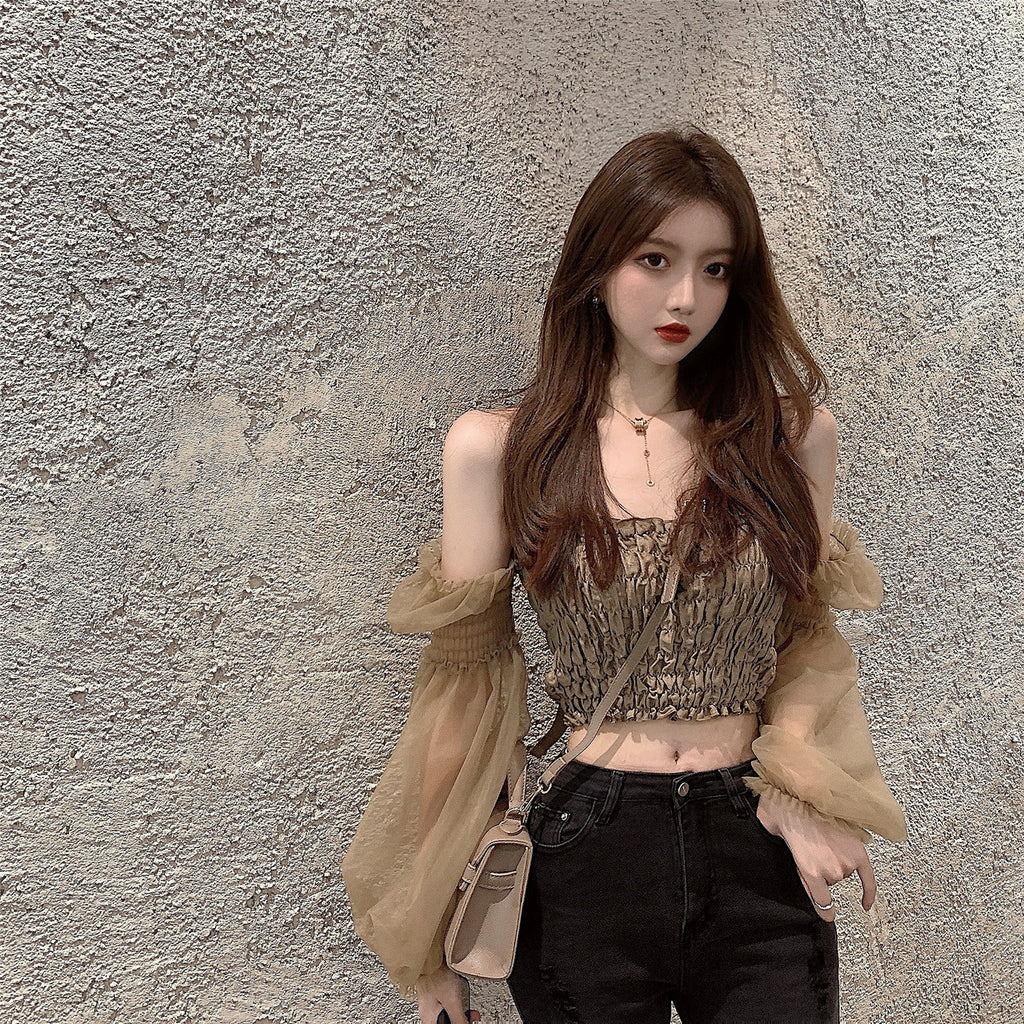Chic Off-Shoulder Lace Long Sleeve Crop Top x2627